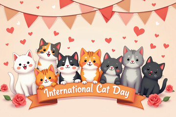 Adorable Kawaii Cats Celebrating International Cat Day Banner