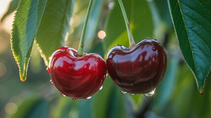 Cherries in Heart Shape with Dew Drops in Natural Lighting on Green Leaves for Healthy Snacking