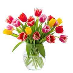 Obraz premium Vibrant tulip bouquet in clear vase isolated on transparent background