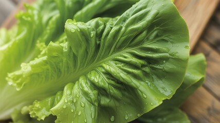 Fresh Romaine Lettuce Leaves in Close-up with Dew Drops in Natural Light on Wooden Surface for Healthy Eating
