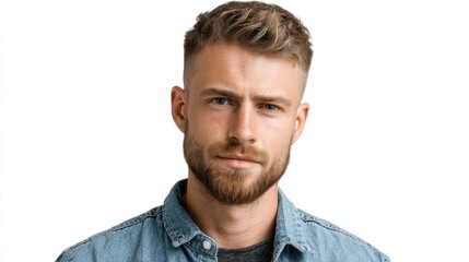 Obraz premium Young caucasian male with beard in denim shirt on white background.