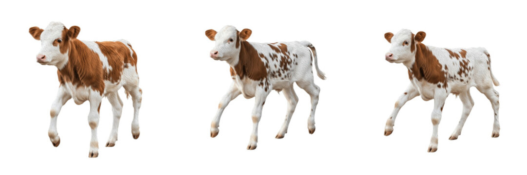Domestic Calf Bos taurus isolated on white, baby cow newborn, livestock farm animal, three calves walking sequence, brown white spotted, agriculture nature cattle