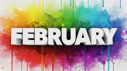 Colorful February Text on Rainbow Background paint splatter