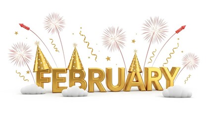 February Text with Fireworks and Party Hats confetti