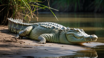 Crocodile in natural habitat with warm sunlight on scaly skin near waters edge for wildlife documentary