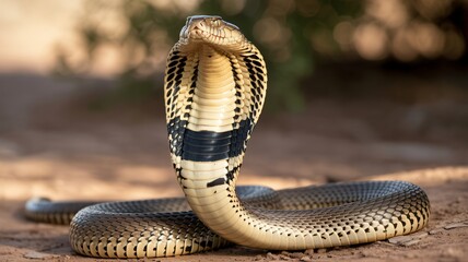 Cobra snake in defensive posture with dramatic lighting on dry earth for wildlife documentary