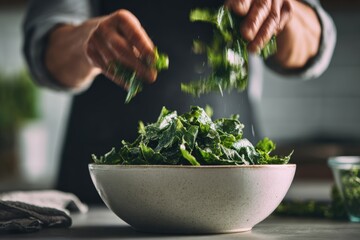 Kitchen Worker Tossing Leafy Greens in Large Bowl with Motion Blur