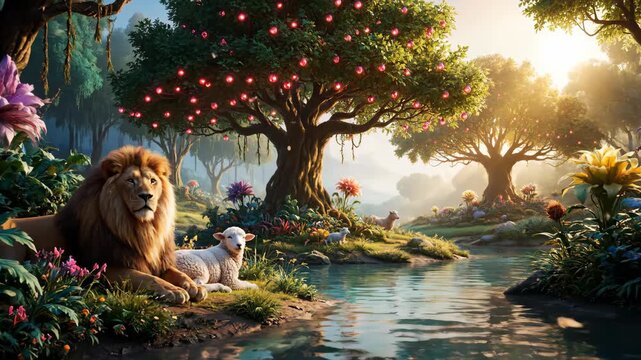 A majestic lion and a gentle lamb resting together in a peaceful paradise. An enchanted forest with glowing trees representing a biblical concept of peace and harmony
