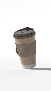 Paper Coffee Cup floating above white background. Takeaway paper coffee cups flying. Loop, 4k, 3d render.