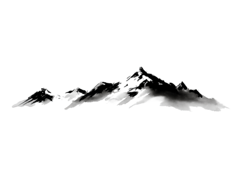Hand drawn ink wash mountain range silhouette with peaks and valleys isolated on a transparent background - Powered by Adobe