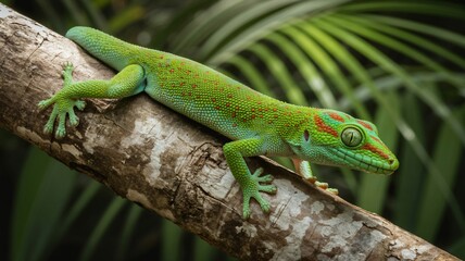 Green gecko on branch in vibrant tropical foliage with natural lighting for wildlife photography