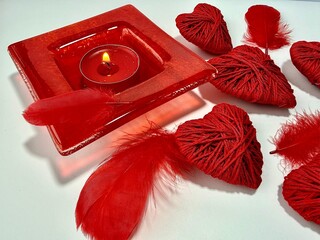 Red hearts Valentine&rsquo;s Day decoration on a light background. Romantic holiday concept symbolizing love, romance, and affection. Ideal for greeting cards, invitations, social media, advertising, brandi