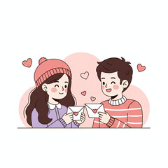 Cute Valentine&rsquo;s Day Illustration of Smiling Couple Exchanging Love Letters