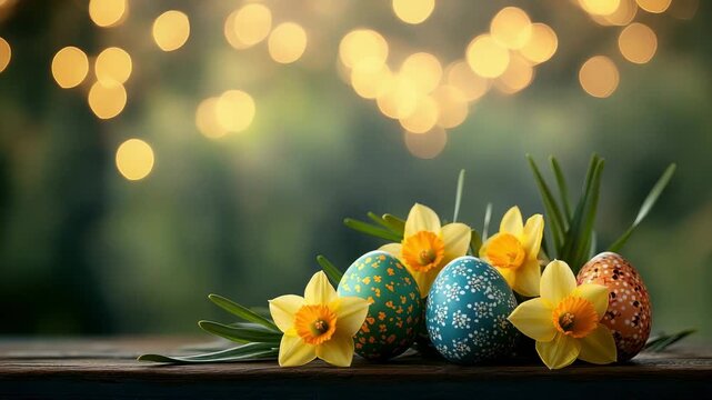 Colorful eggs and flowers on a table with lights in the background during spring celebration