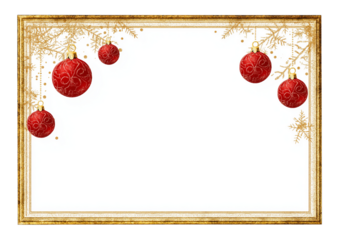 Ornate gold Christmas frame with red baubles and golden pine branches isolated on a transparent background