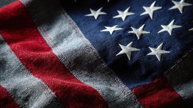 Close-up of worn american flag with stars and stripes detail.