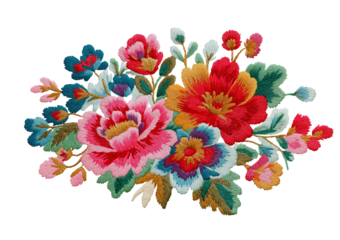 Vibrant Embroidered Floral Bouquet with Peonies and Mixed Flowers isolated on a transparent background