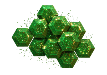 Cluster of glittering green hexagonal prisms with sparkling light effects isolated on a transparent background