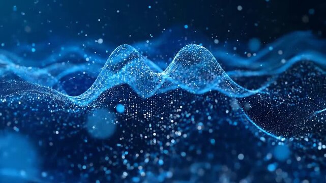 Abstract blue wave background with glowing particles, representing technology and data flow.