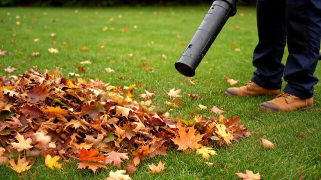 Clearing autumn leaves with leaf blower