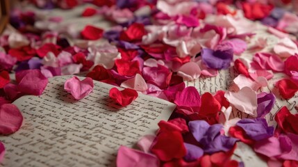 Obraz premium Romantic letters with red, pink, and purple rose petals spread over handwritten pages.