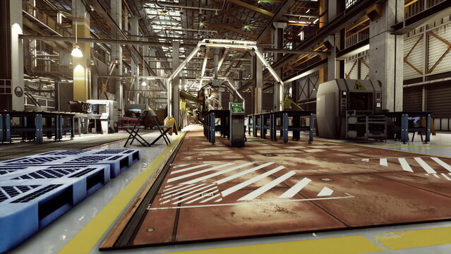 Inside a large industrial warehouse, machinery operates efficiently amidst workstations. Sunlight filters through the high ceilings, illuminating the organized chaos of productivity and creativity.