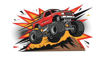 Red monster truck jumping high illustration for print and design elements © Muh