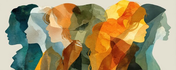 Fototapeta na wymiar Abstract watercolor collage of diverse silhouettes in profile, celebrating unity and human connection