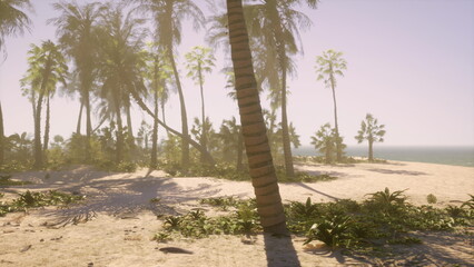 Palm trees sway gently in the warm breeze on a quiet tropical beach. Sunlight filters through the leaves, casting soft shadows on golden sand. Waves softly lap at the shoreline.