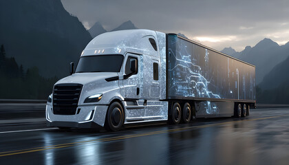 Advanced Technology Concept: Big White Semi-Truck with Cargo Trailer Drives on the Road is Transformed with Graphics and Special Effects Into Digital Twin Futuristic Concept of Autonomous Vehicle