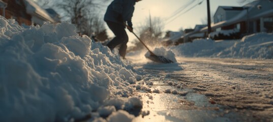 Worker Shoveling Snow from Curb in Crisp Winter Light
