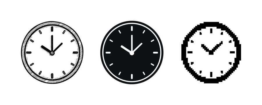 Three clocks in sketch, solid, and pixel art styles on white background