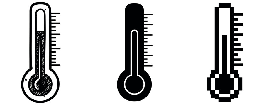 Three unique thermometer icons: sketched, solid, pixelated designs