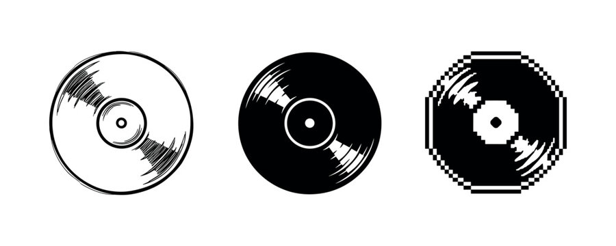 Three vinyl record designs: sketch, solid, and pixel art styles
