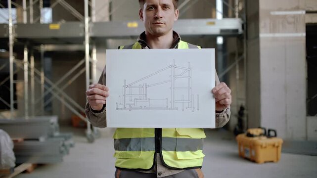 Professional engineer displays a structural drawing of a metal framework while standing on a construction site. Soft daylight illuminates the interior with scaffolding and tools in view.