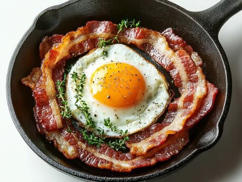Cooking bacon and egg in a skillet with herbs for breakfast at home