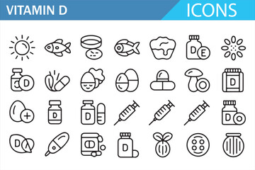 Fototapeta premium Vitamin D healthcare outline vector icons for medical and wellness design