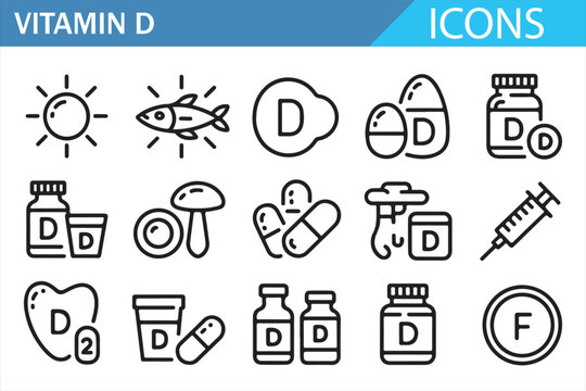 Health and nutrition vitamin D line icons collection isolated on white