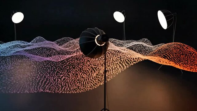 Abstract studio setup with lighting equipment illuminating a colorful dotted wave pattern.