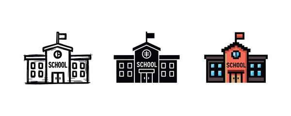 Obraz premium Three distinct school building icons in black, white, and color