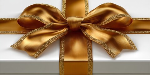 Minimalist white gift box with gold metallic ribbon and glitter accents, symbolizing luxury and celebration for holidays or special occasions