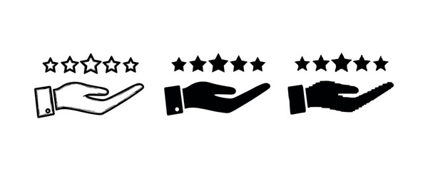 Hand gestures with star ratings in outline, solid, pixelated styles