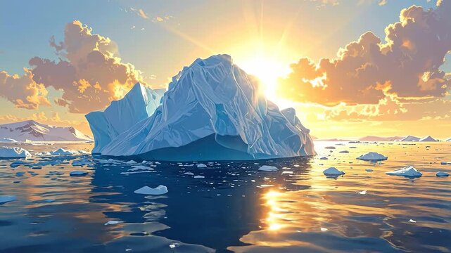 Majestic iceberg floats serenely on the calm ocean surface, illuminated by the golden sunset.