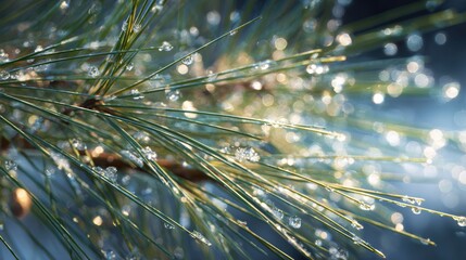 Macro Shot of Pine Needles with Frost Crystals in Reflective Light
