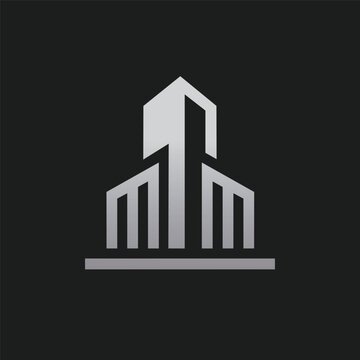 Modern real estate and construction logo design. Abstract geometric skyscrapers and office building icon on dark background. Vector symbol for corporate architecture, urban development, and commercial