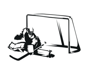 Ice hockey goalie makes save, winter sport illustration. Abstract isolated vector silhouette