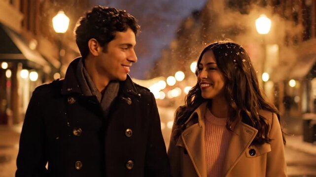 A romantic young hispanic couple walking on a city street during a winter snow storm at night. Happy man and woman smiling and enjoying a date in a beautiful urban setting