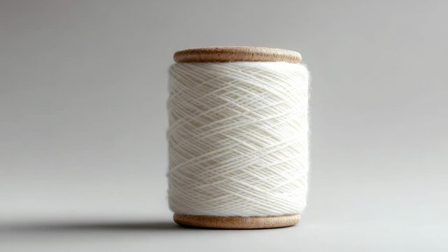 Explore a close-up look at a white spool of thread sitting on a plain surface for crafting and sewing tasks
