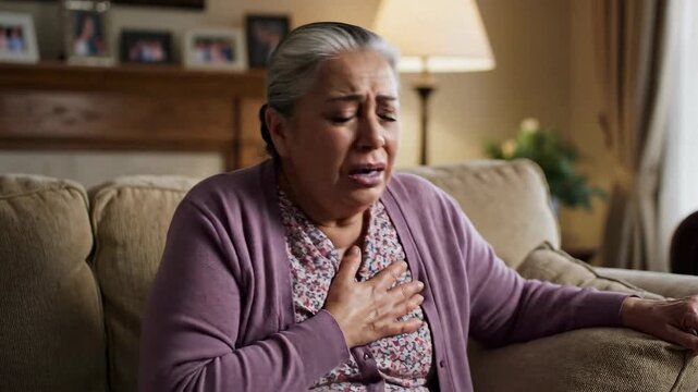 Elderly woman clutching chest in pain,heart,attack