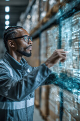 Man Using Holographic Interface in Digitally Transformed Warehouse